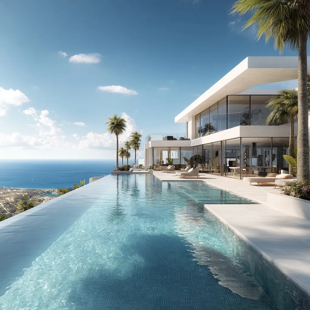 Aerial view of a luxury villa with an infinity pool overlooking the Mediterranean Sea on the Costa del Sol, Spain.