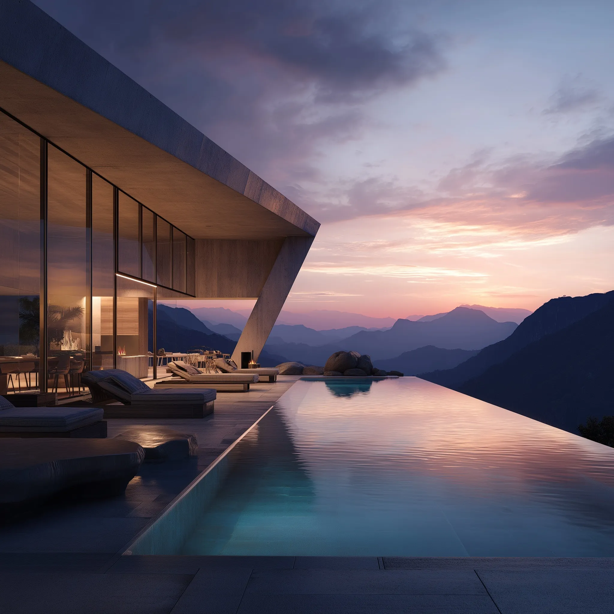 Luxury infinity pool at a high-end spa retreat overlooking mountains during a warm, cinematic sunset.