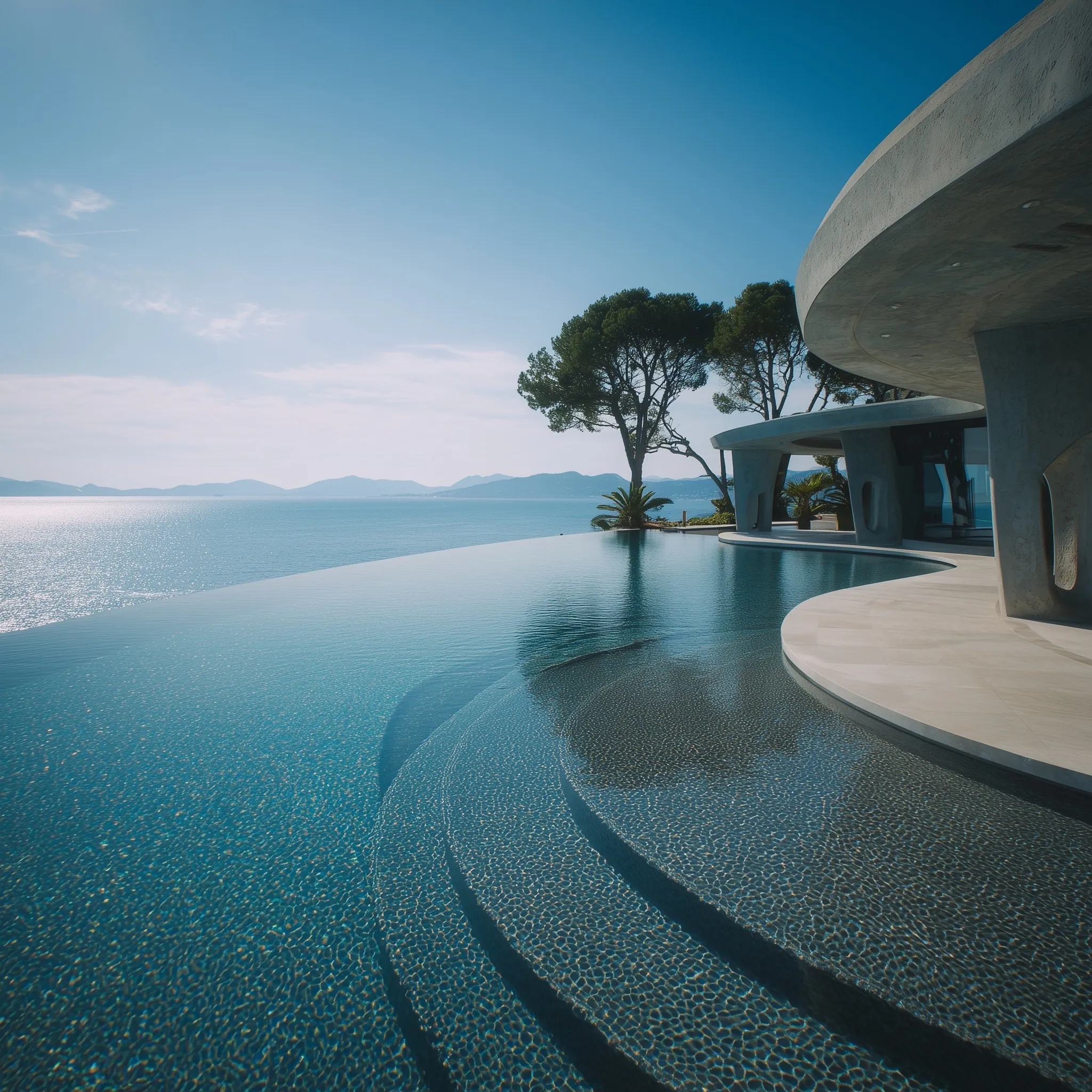 Luxury infinity pool with fluid, spiral architecture overlooking the sea in St. Tropez.