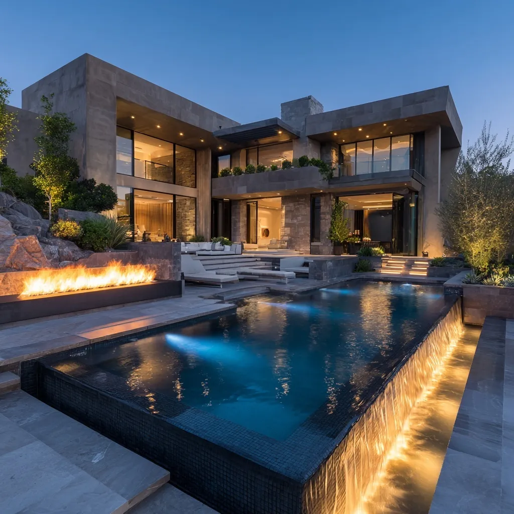 Modern Newport Coast mansion backyard with luxury infinity pool, fire features, and cascading waterfall.