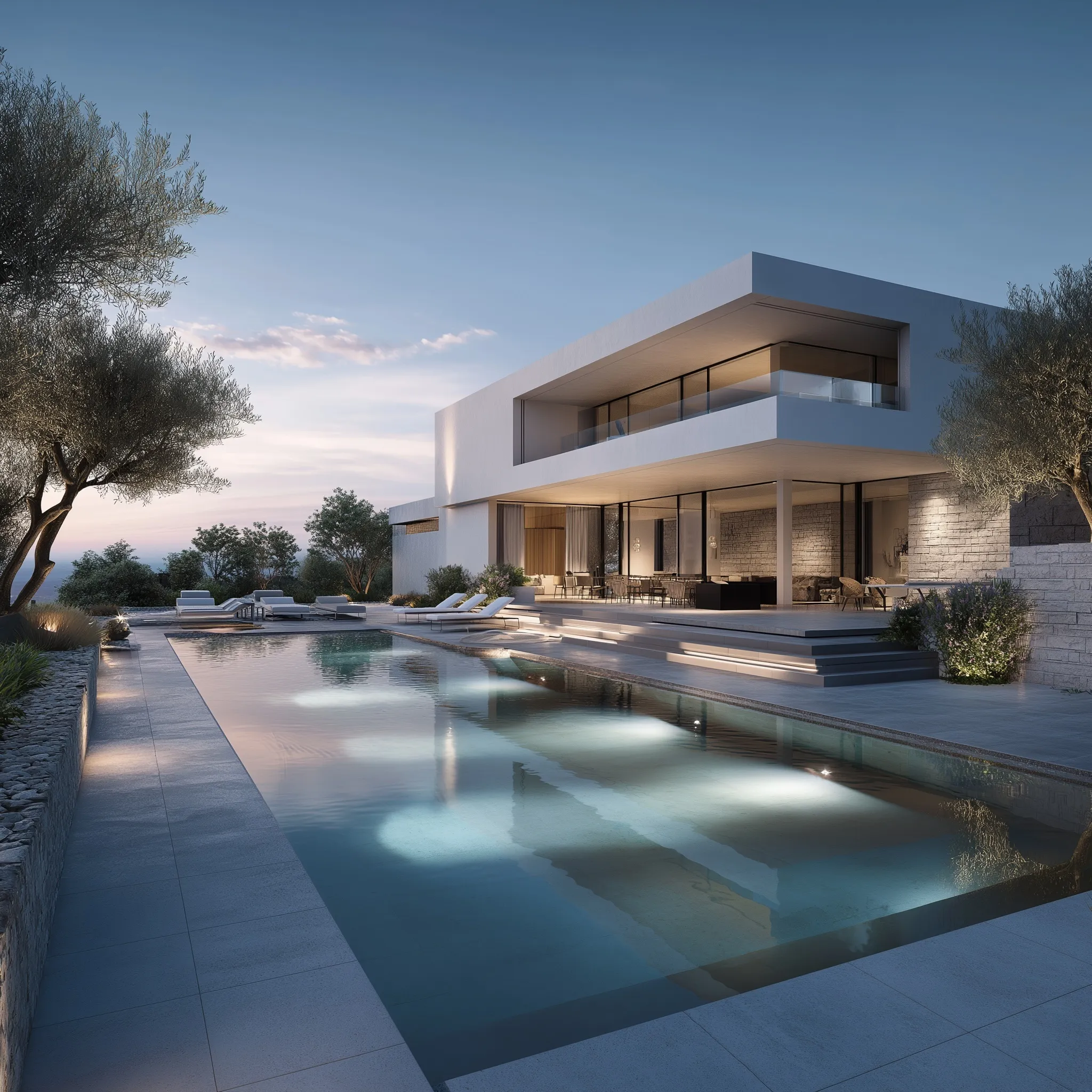 Photorealistic luxury Pitsu Kedem style villa in Kerem Maharel, Israel featuring a modern infinity pool design.