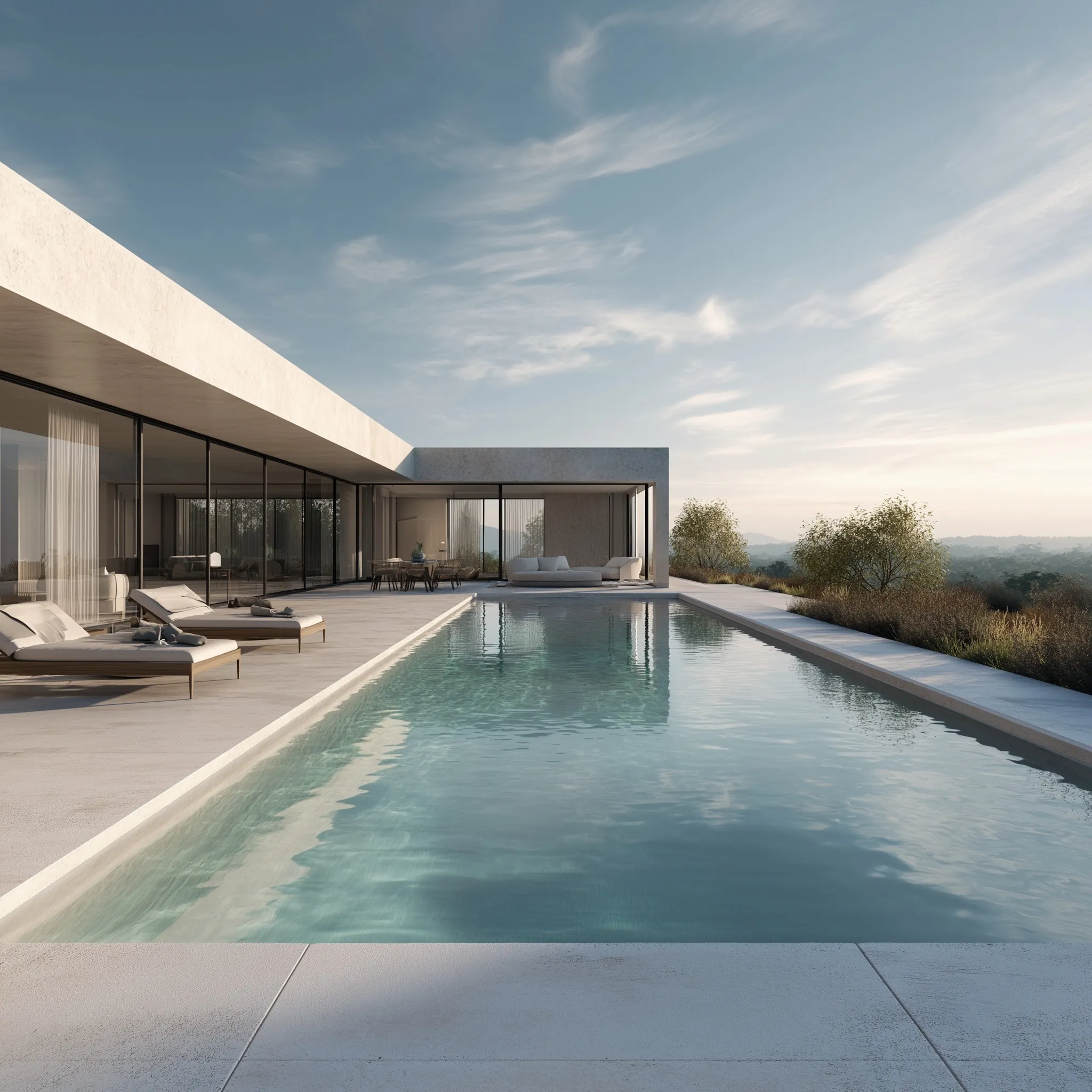 Modern luxury infinity pool with minimal furniture, large glass building façade, and realistic natural daylight.