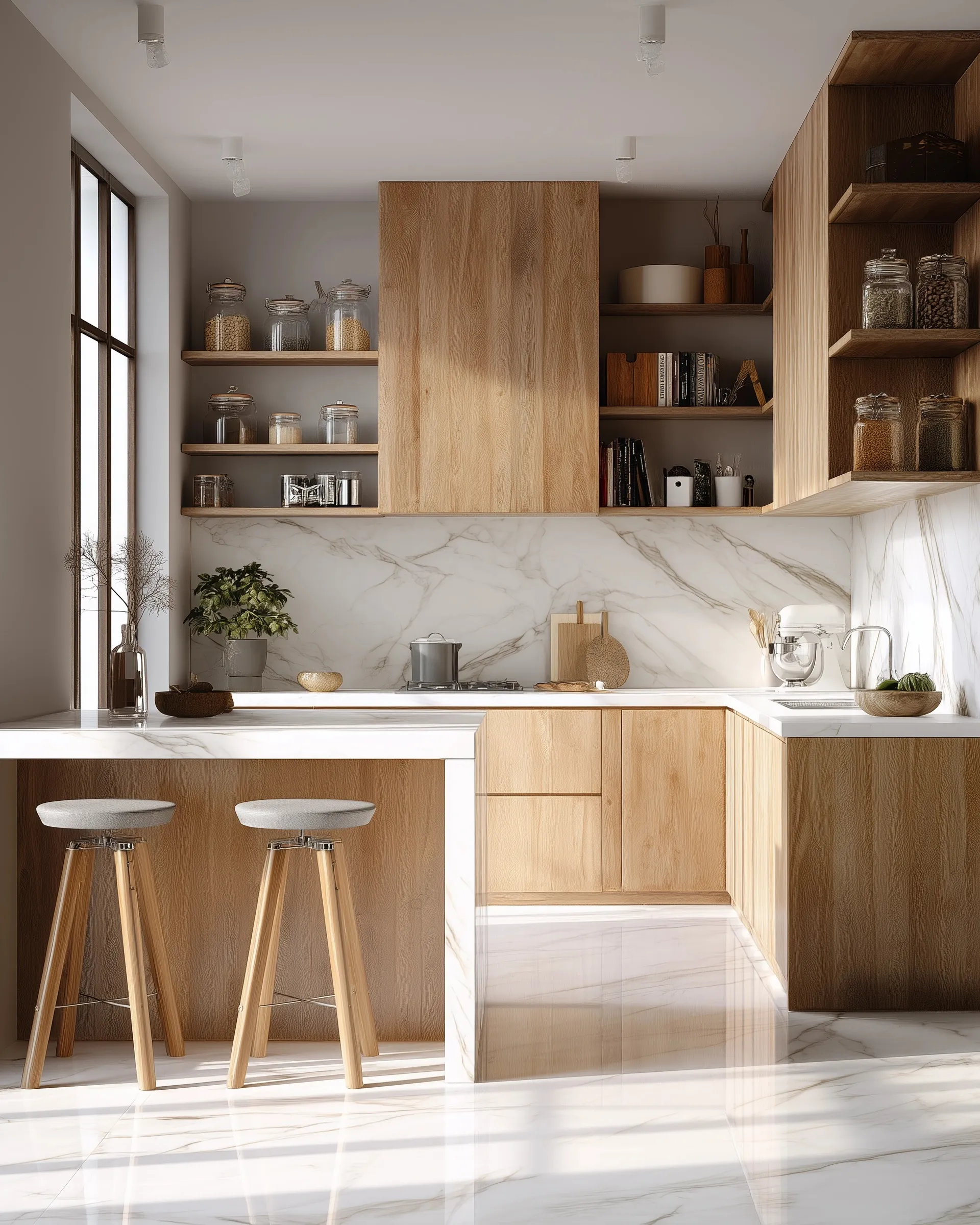 Modern Scandinavian kitchen interior with wooden cabinets, white marble countertops, and a kitchen island.