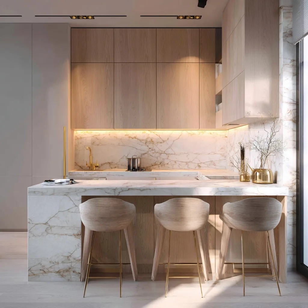 Modern kitchen interior with light wood cabinets, white marble walls, and elegant gold accents.