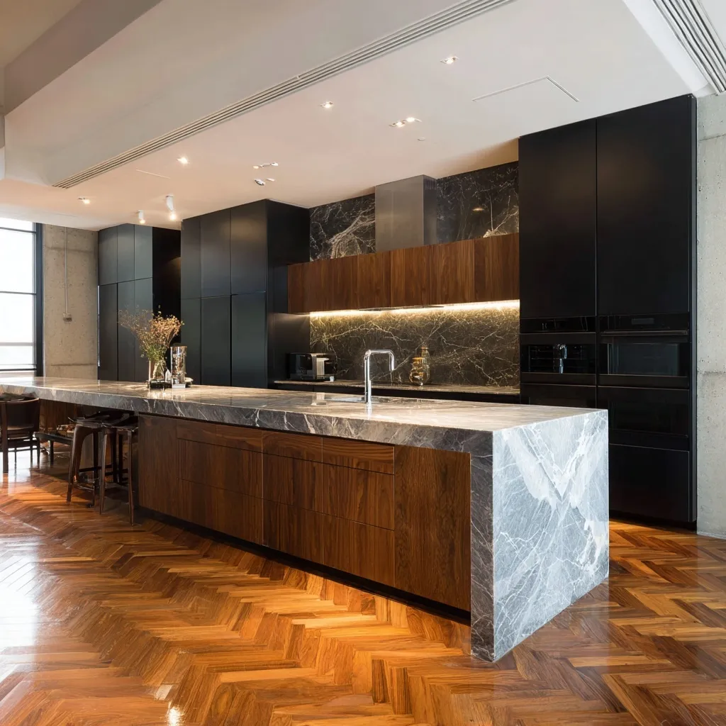 Luxury kitchen featuring a black marble island with white veining and warm walnut wood flooring.