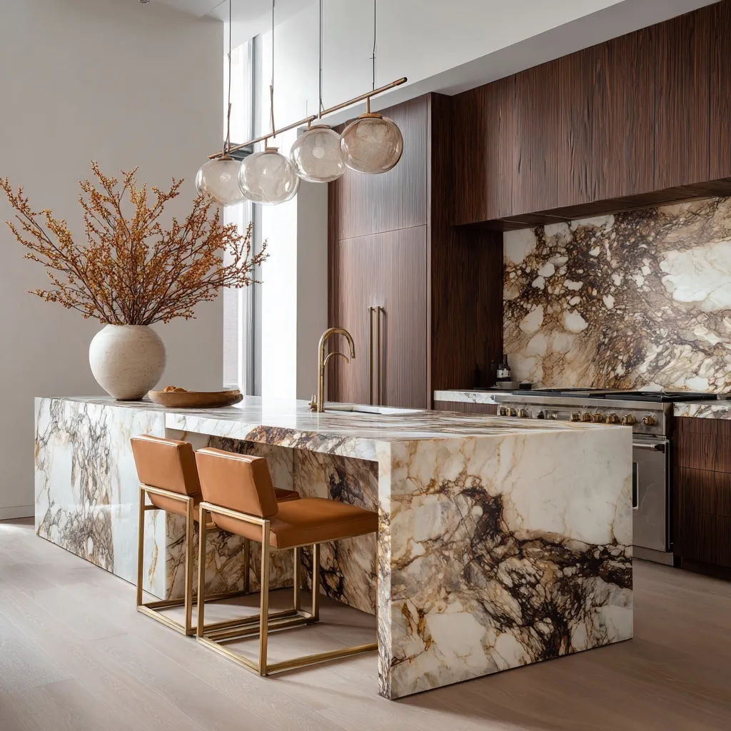 Modern luxury kitchen with Calacatta marble island, walnut cabinetry, and brass pendant lighting.