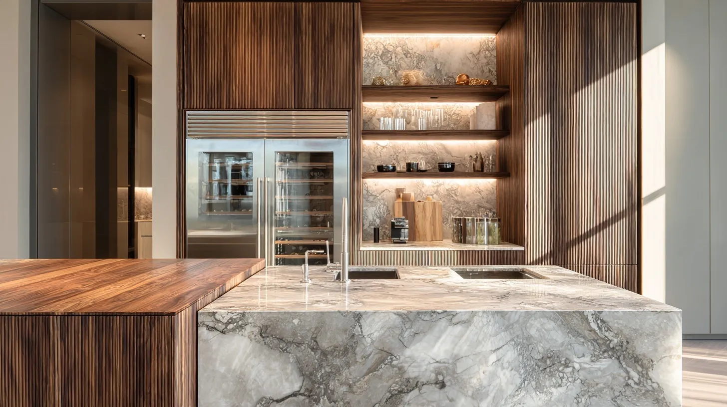 Modern luxury kitchen featuring marble island countertop, walnut wood cabinets, and integrated stainless steel tap.