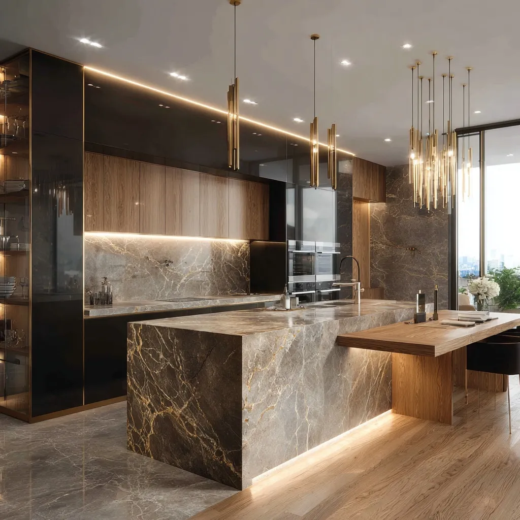 Modern luxury kitchen featuring elegant marble countertops and warm wood cabinetry in a high-end home interior.