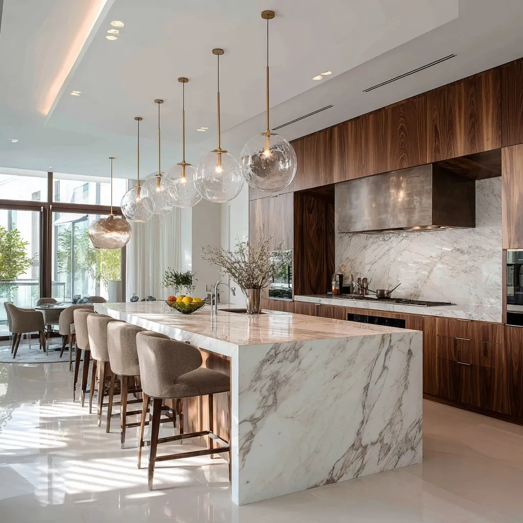 Bright modern luxury kitchen featuring white marble countertops, warm wood cabinetry, and an island with bar stools.