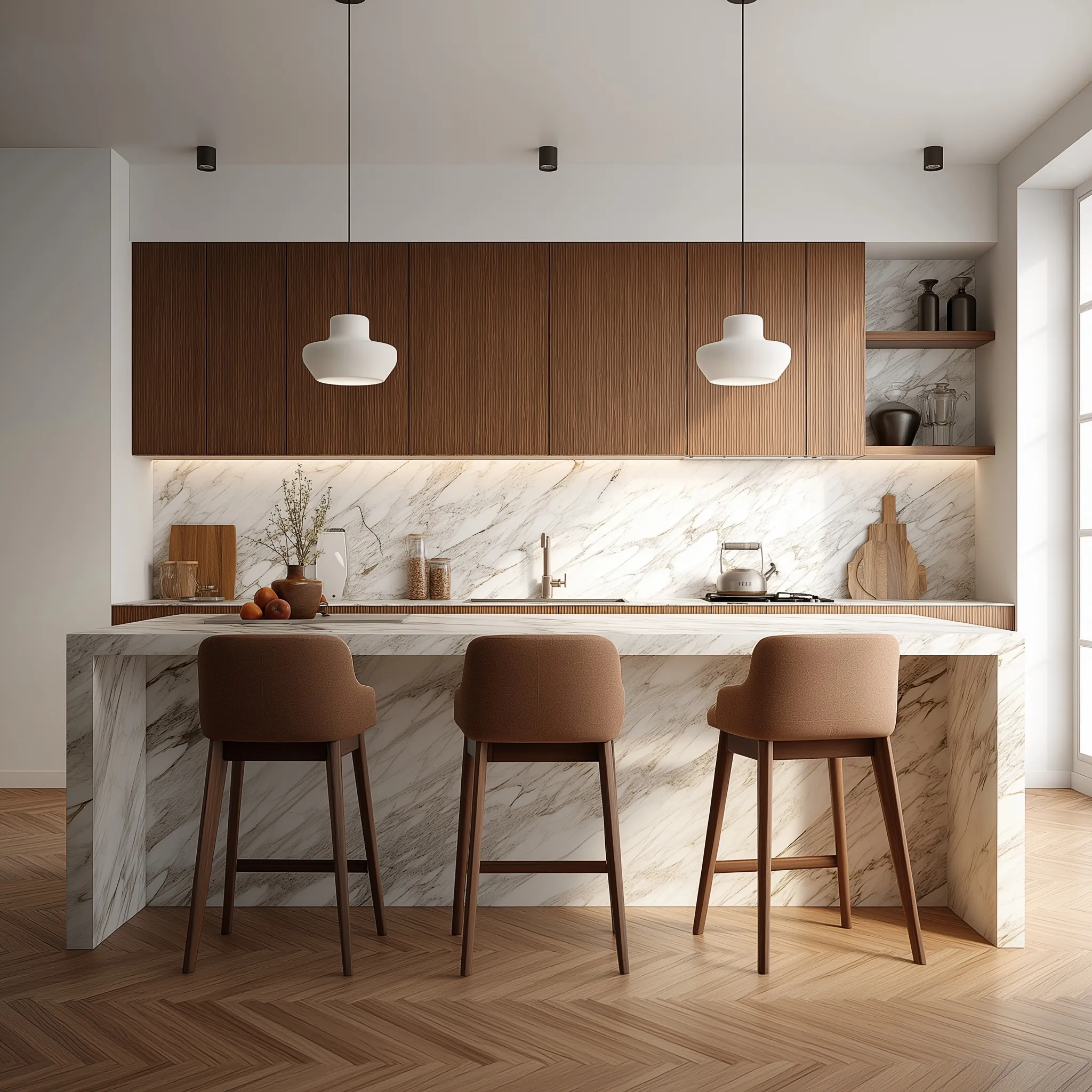 Modern Scandinavian kitchen design featuring walnut wood cabinets, marble countertops, and oak flooring.