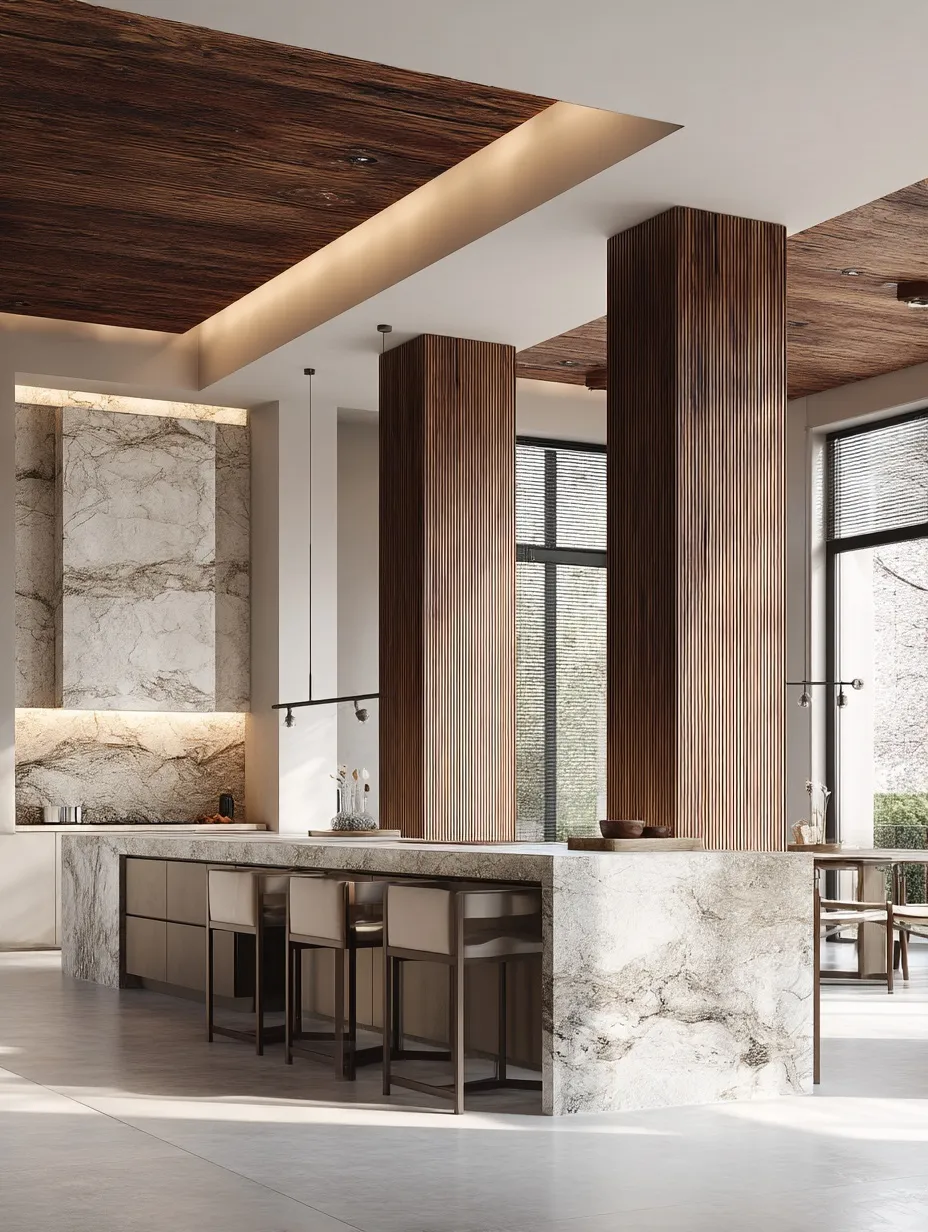 Modern minimalist kitchen with marble island, wooden columns, and floor-to-ceiling windows in a luxury home.