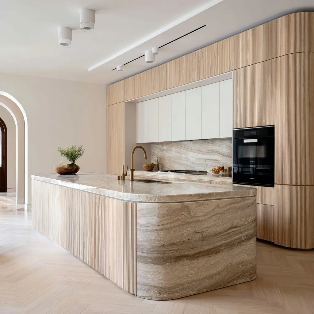 Modern luxury kitchen with curved quartzite island, light oak cabinetry, and brushed brass fixtures in Japandi style.