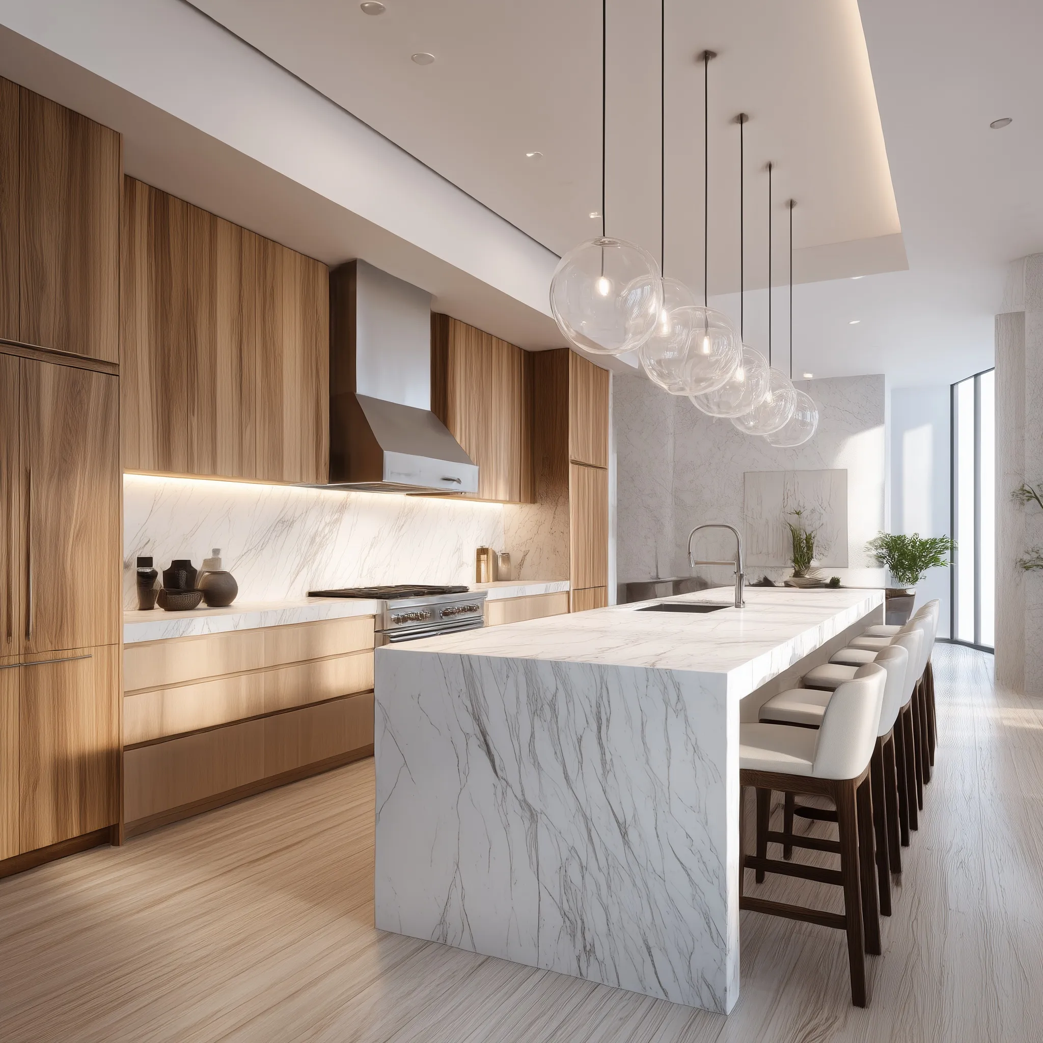 Luxurious kitchen interior featuring a white marble waterfall island and natural wood cabinets in a Japanese style.
