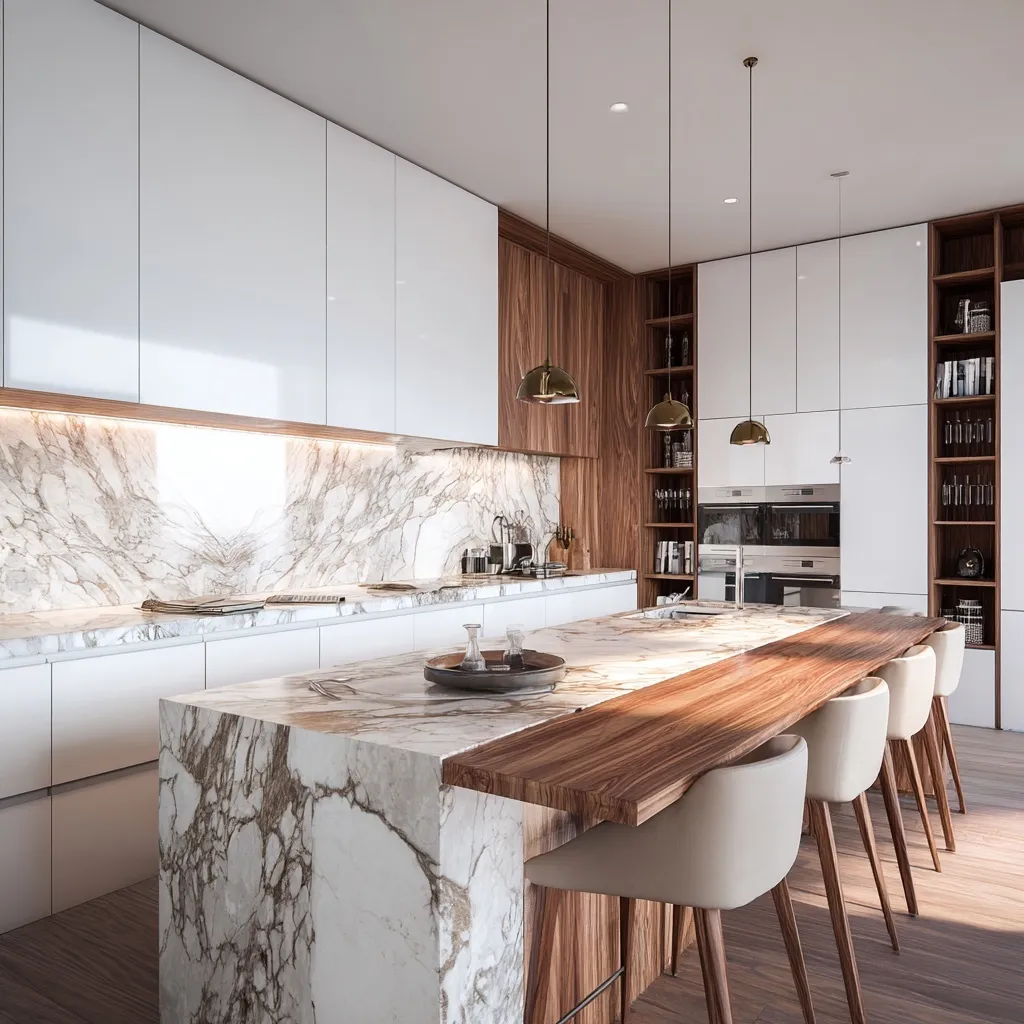 Modern luxury kitchen interior with white cabinets, walnut wood accents, and elegant Calacatta marble countertops.