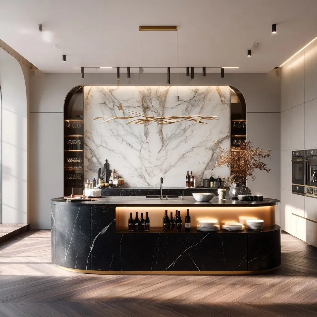 Modern luxury kitchen with black marble island, white marble wall, chevron wood floors, and golden ambient lighting.