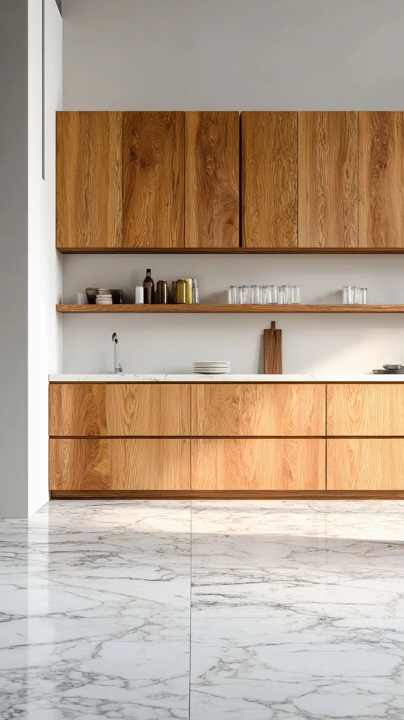 Minimalist luxury kitchen with hickory wood cabinetry and marble flooring in a bright, modern studio setting.