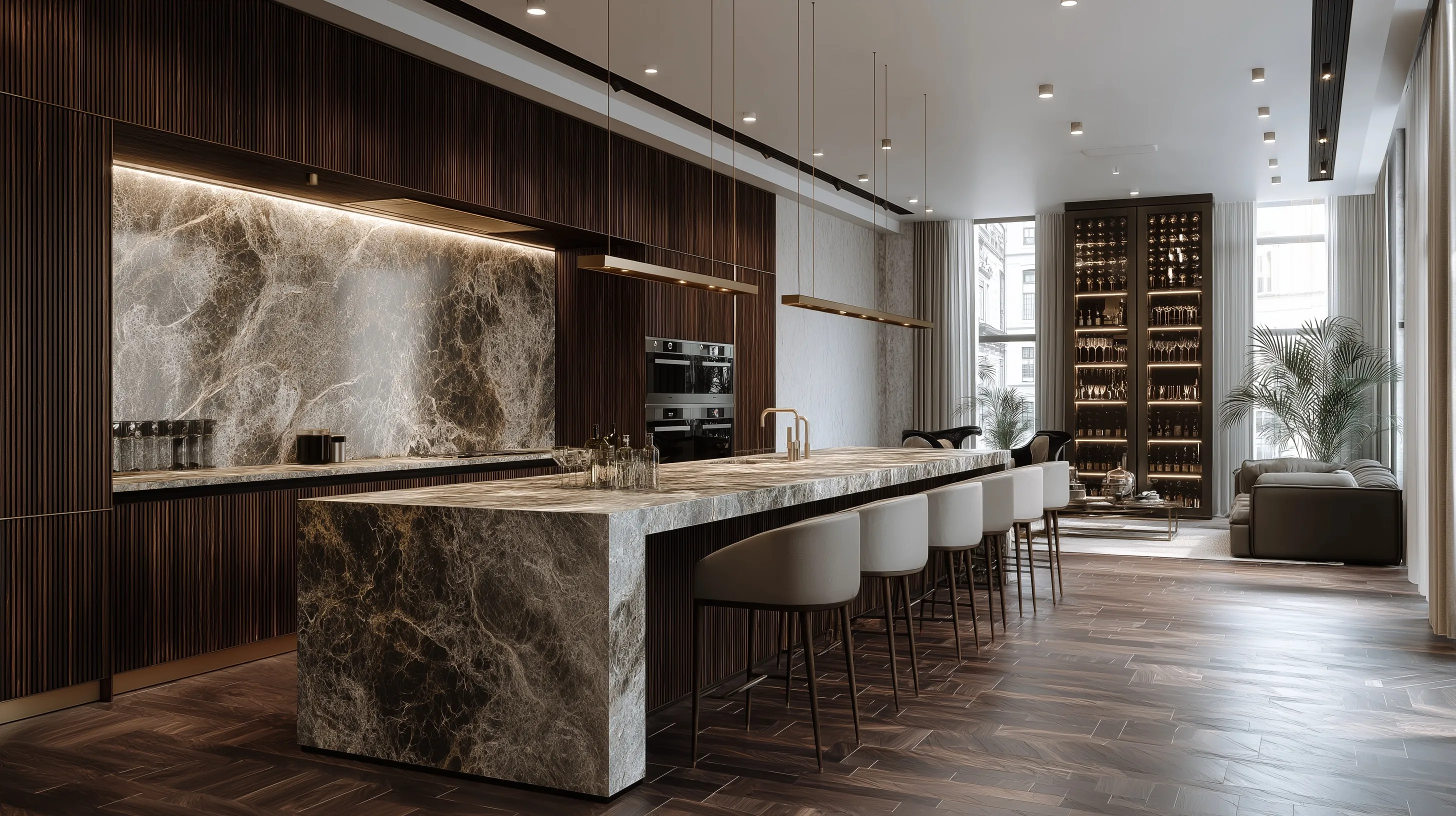 Modern luxury kitchen interior featuring elegant marble countertops and high-end wood cabinetry in 8k resolution.