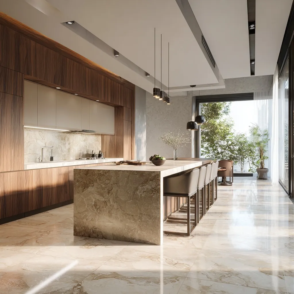 Modern kitchen island featuring elegant wood and beige marble flooring in a spacious, calm interior design.