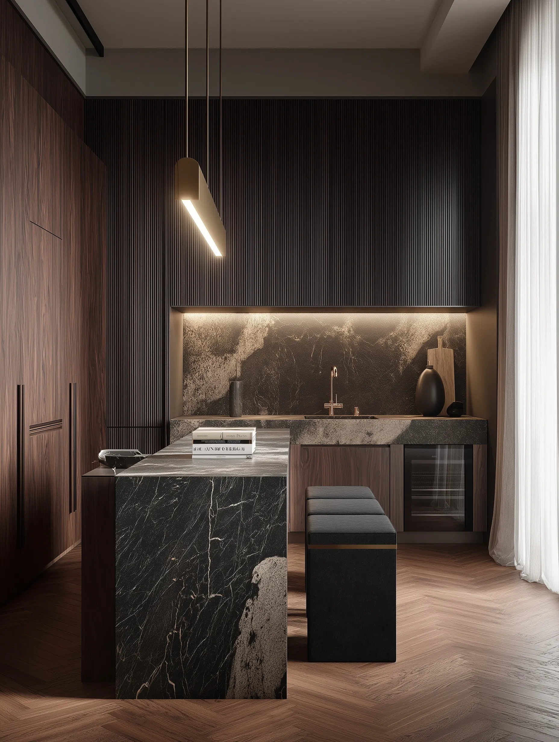 Luxury kitchen with black-and-white marble island, dark wooden cabinetry, and gold accents in an atmospheric space.