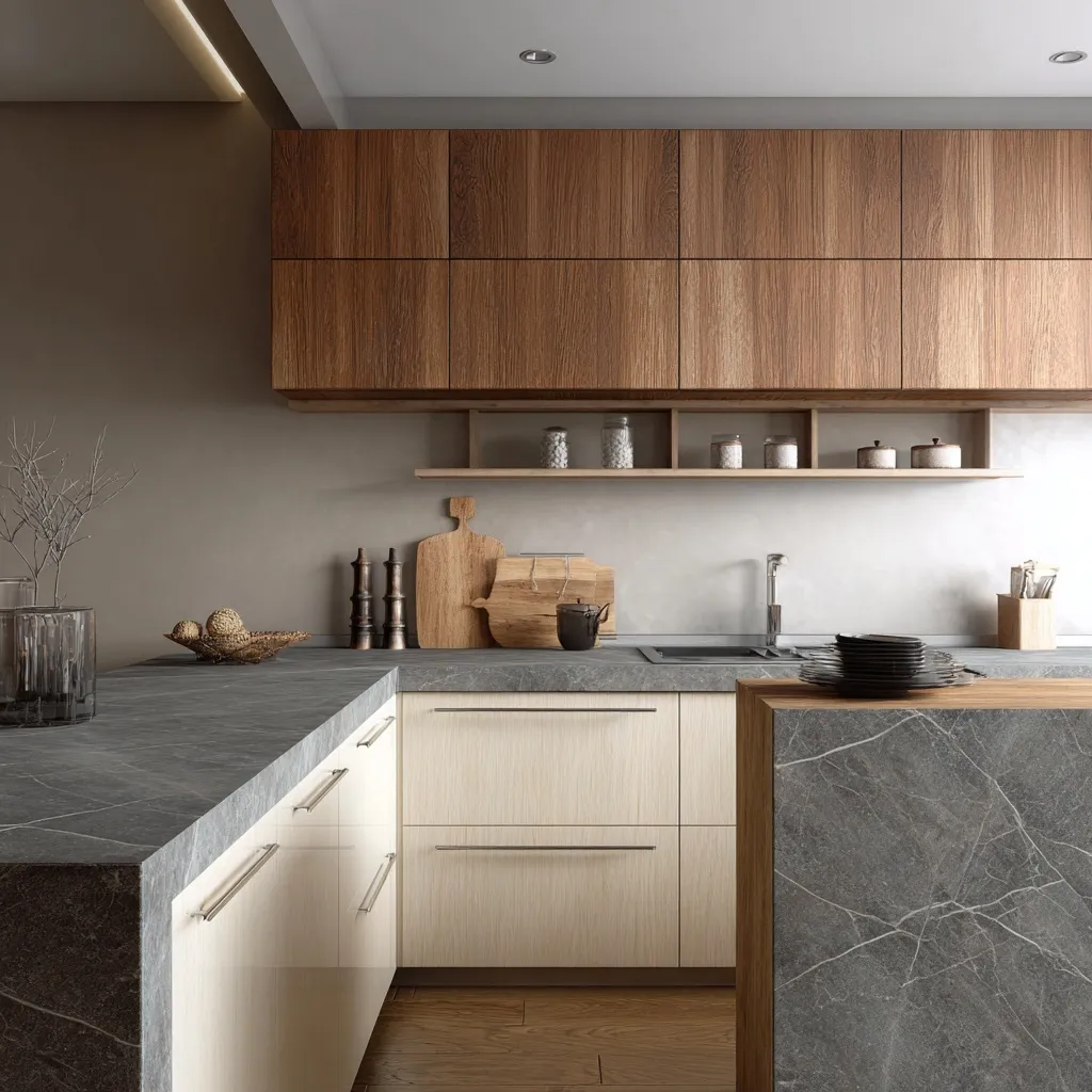 Modern open kitchen with dark grey marble countertops, white lower cabinets, and brown wood upper cabinets.