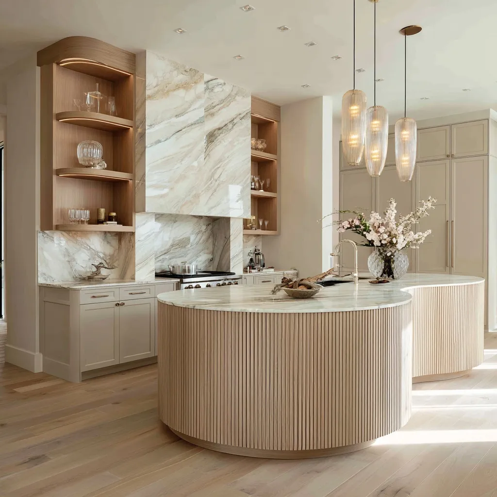 Luxury kitchen with a fluted wood island, marble countertop, and elegant integrated shelving in a bright, airy space.