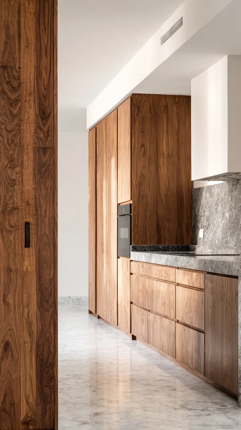 Isometric view of a minimalist walnut and black granite luxury kitchen with marble floors on a white background.