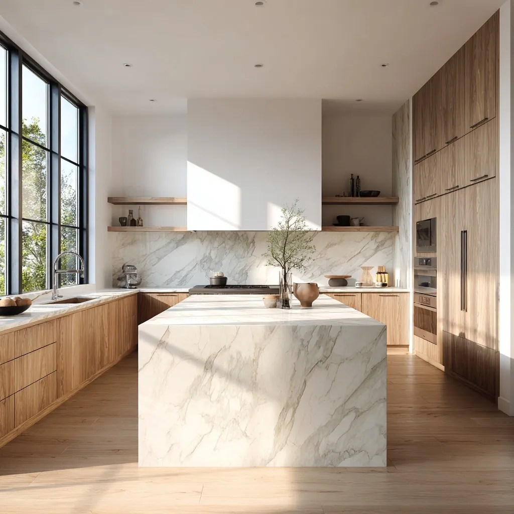 Modern kitchen island with white marble countertop and natural wood cabinets in a bright, minimalist interior.