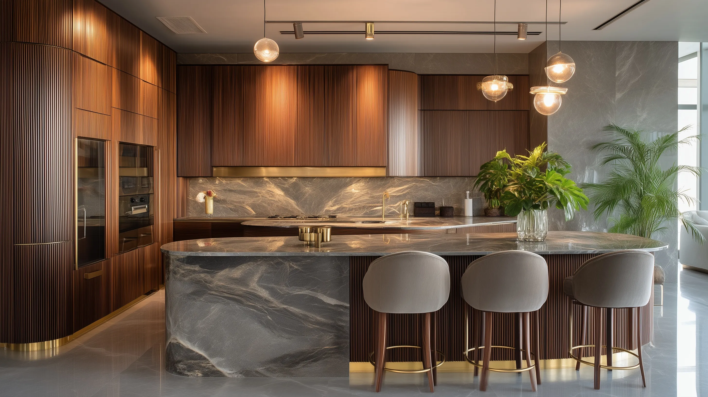 Modern luxury kitchen with walnut cabinetry, grey marble island, and bronze accents in a sophisticated interior.