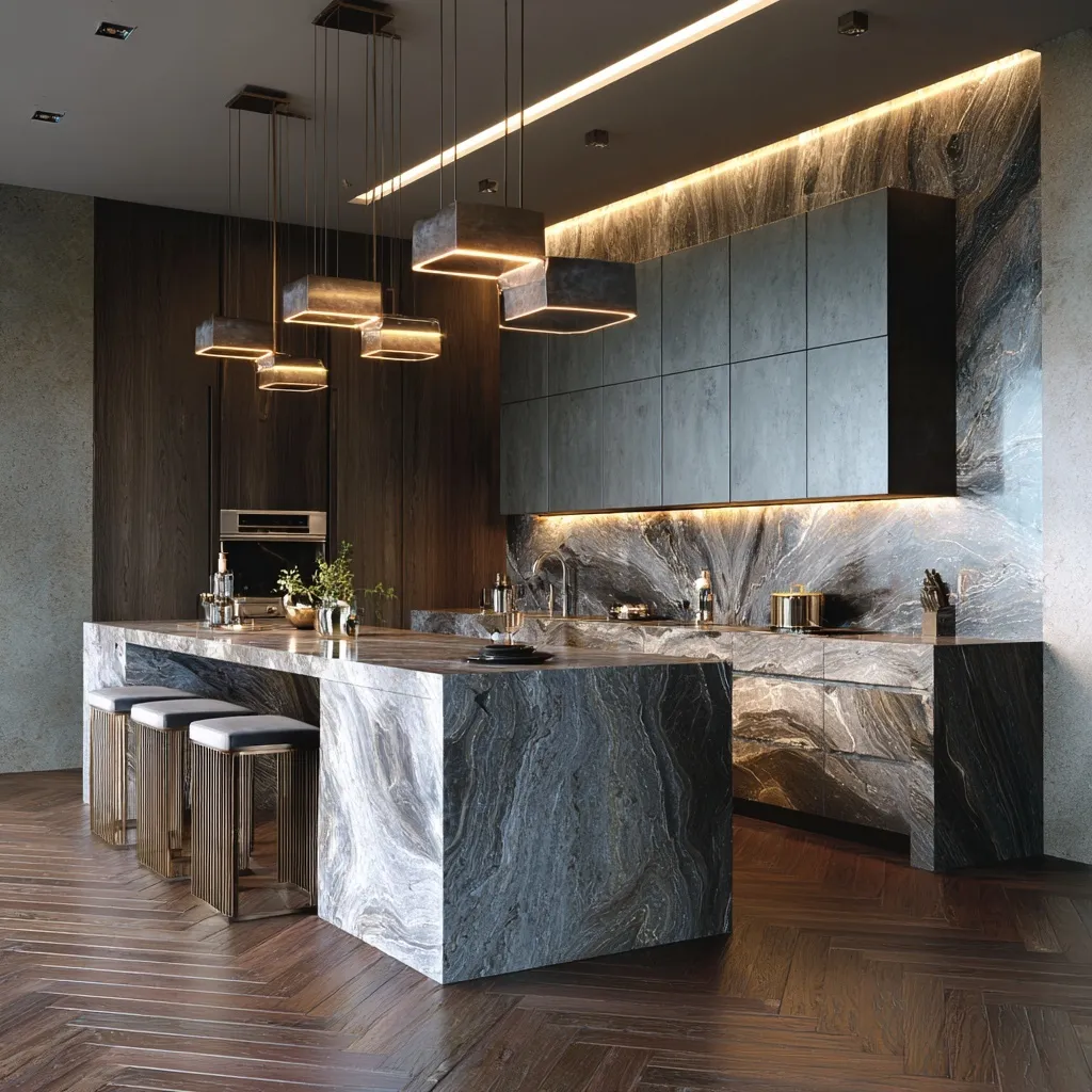 Modern luxury kitchen interior with grey marble island, backsplash, and dark herringbone wood flooring.