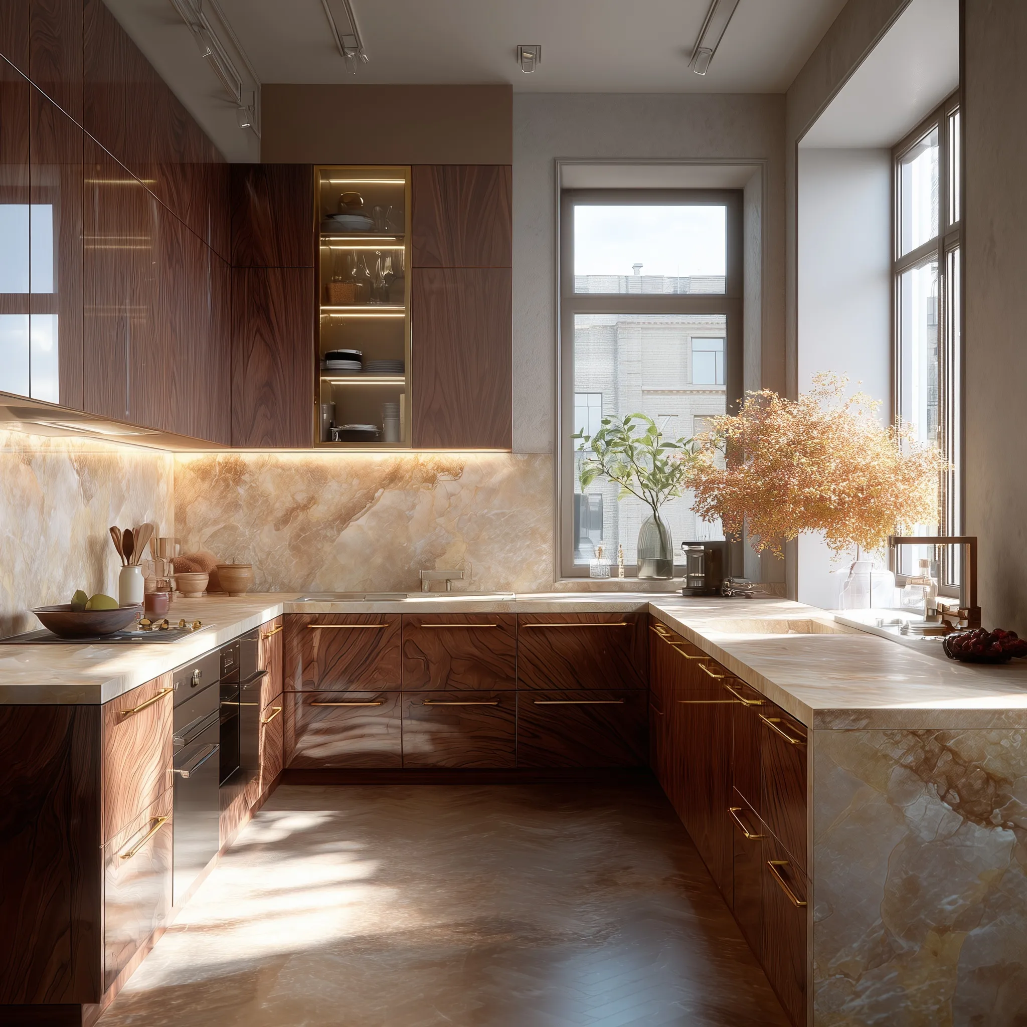 Luxury kitchen featuring rosewood cabinets, beige marble countertops, cream backsplash, and golden hardware.