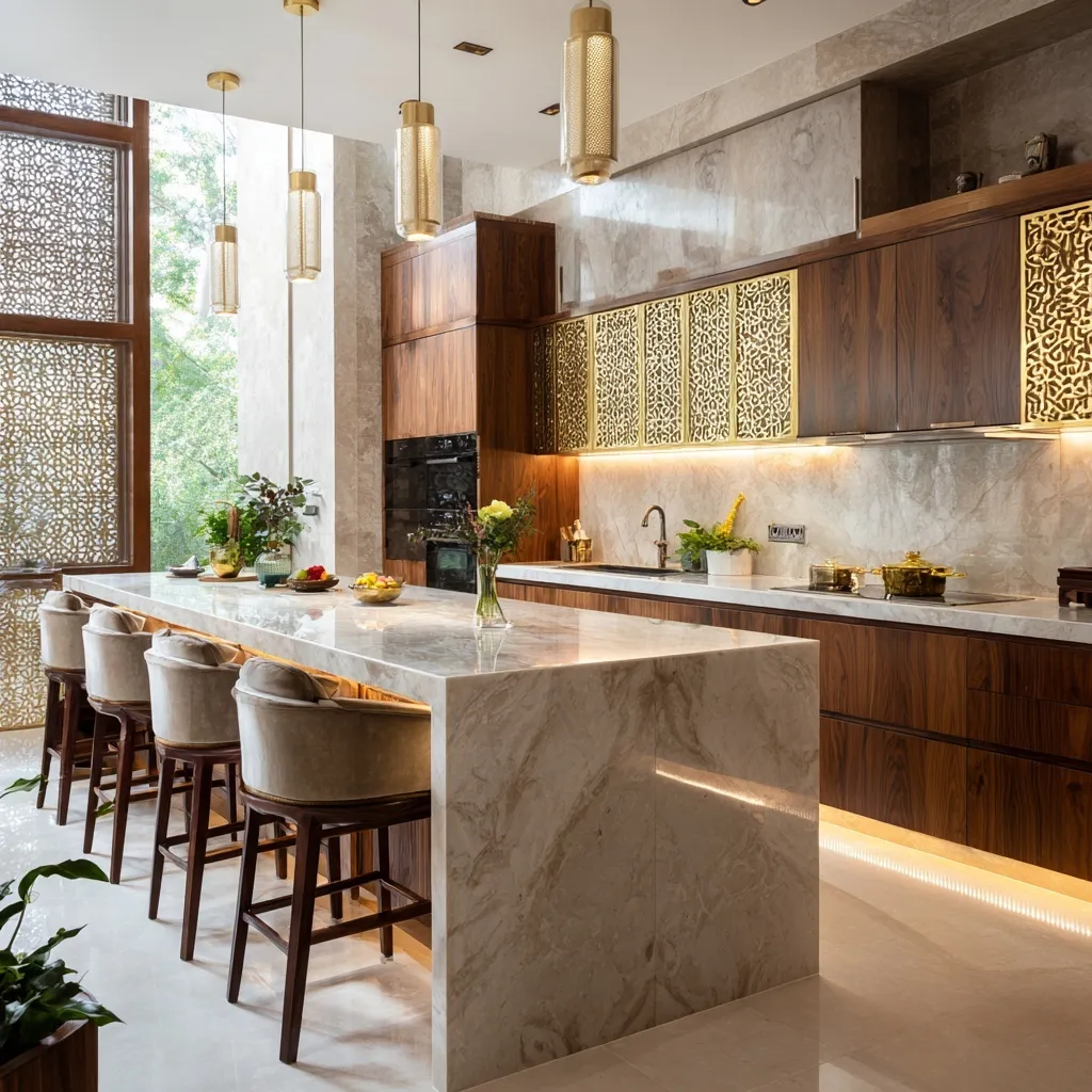 Modern luxury kitchen with marble island, walnut wood cabinetry, and brass accents in a spacious Indian home.