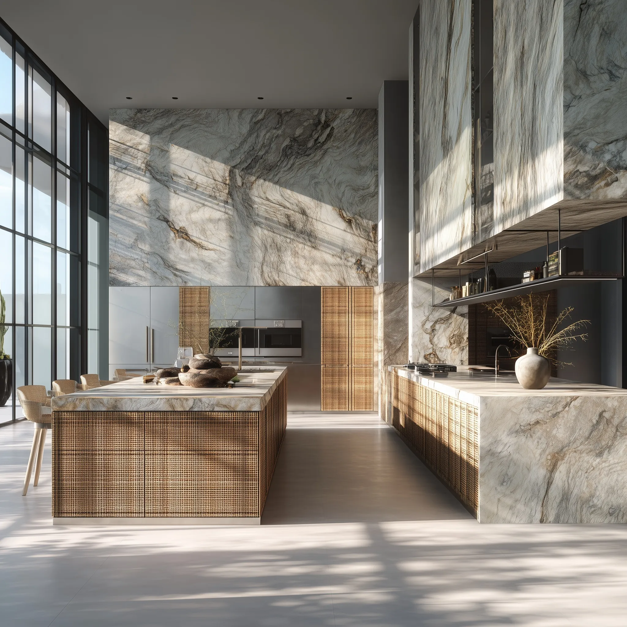 Modern luxury kitchen featuring a honey-toned rattan island against a dramatic marble and stainless steel wall.