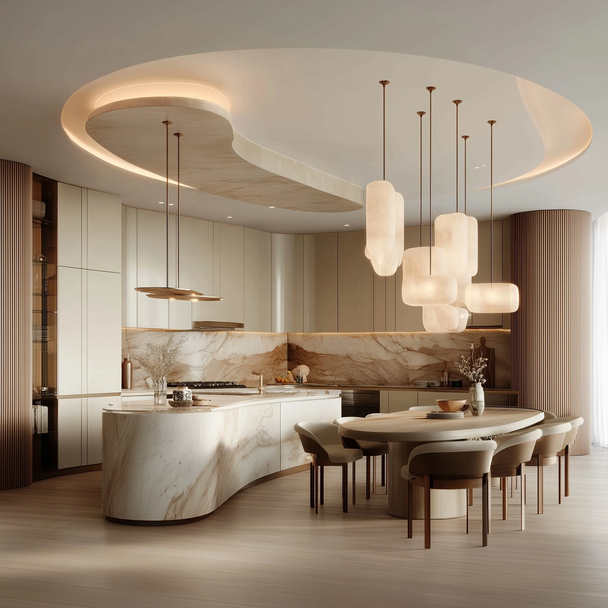 Luxury modern kitchen featuring a marble island, warm wood cabinetry, and elegant bronze accents in a serene space.