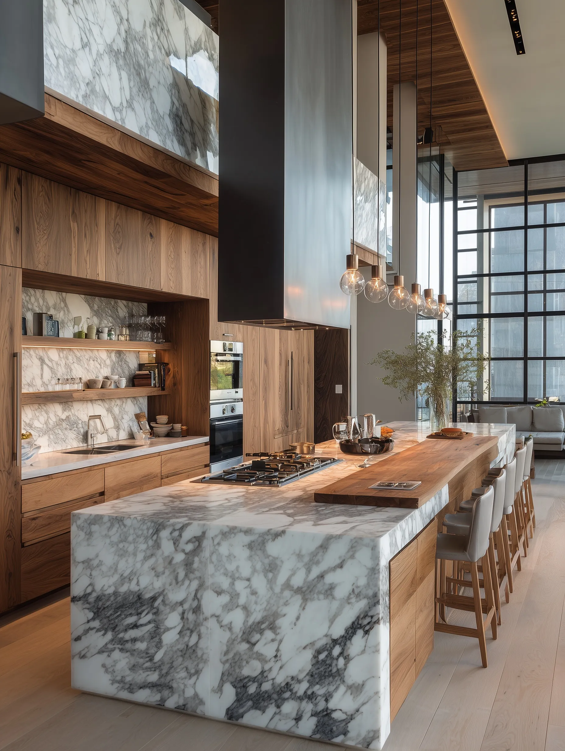 Modern kitchen interior featuring a luxury wood and marble cooking island in a minimalist home design.