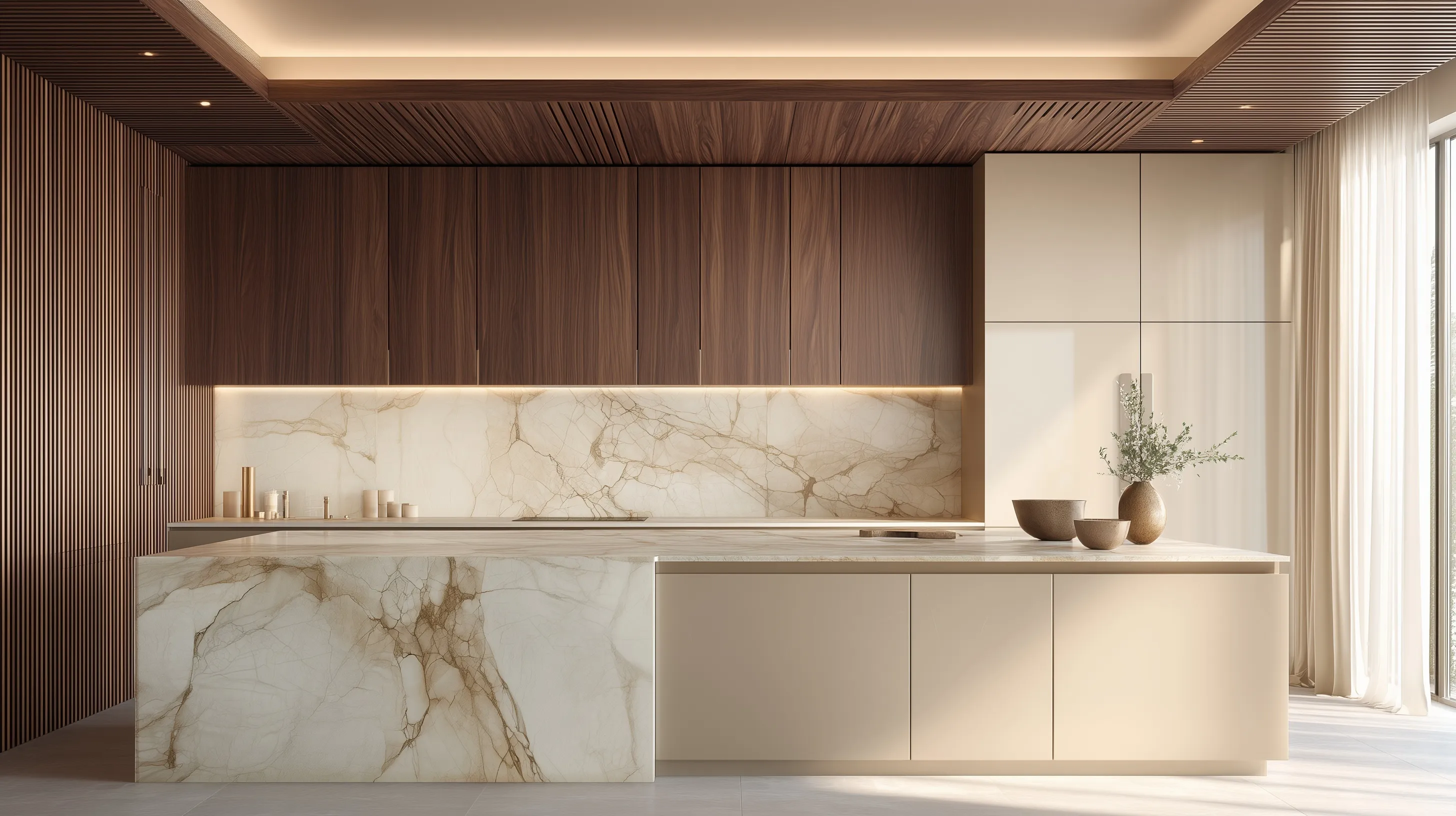 Modern luxury kitchen with walnut wood cabinets, marble island, and warm neutral tones in a minimal architectural style.