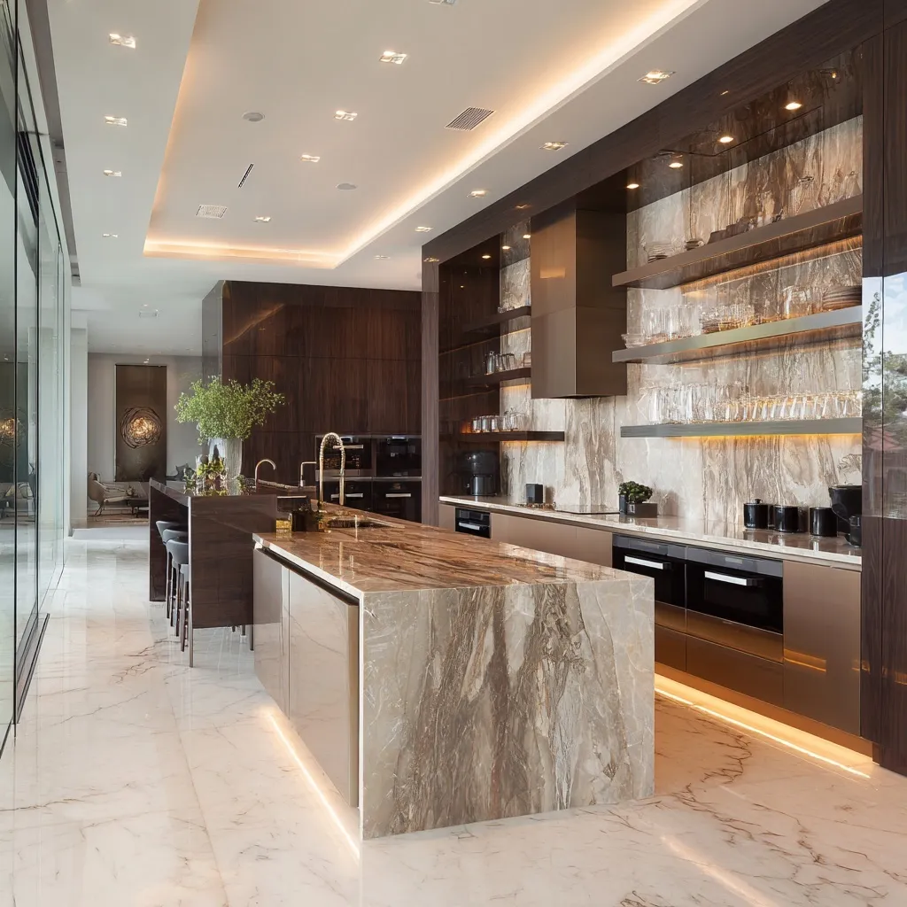 Ultra-luxurious contemporary kitchen with marble island, walnut cabinetry, and backlit stone backsplash.