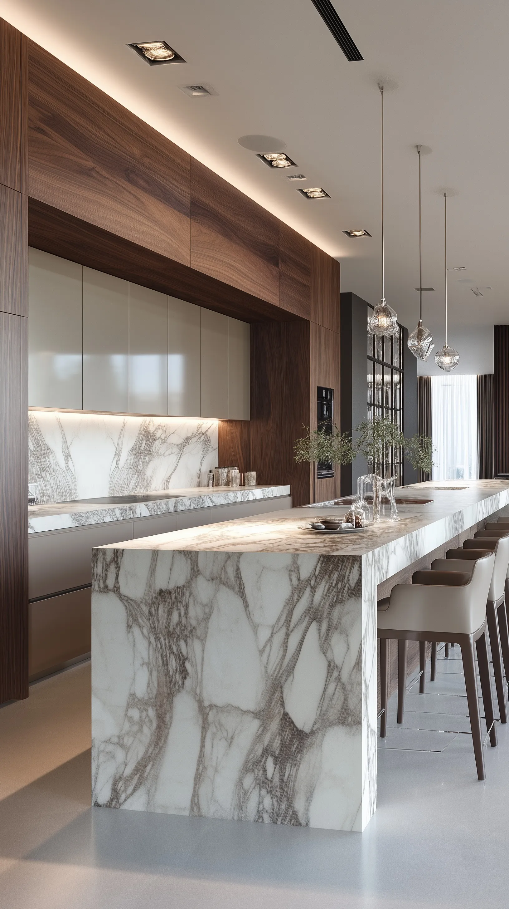 Spacious luxury kitchen featuring Calacatta Viola marble island and walnut wood cabinetry in a modern open design.