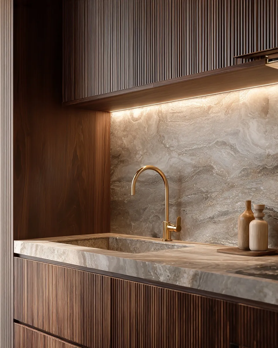Luxury kitchen with marble backsplash, walnut cabinets, and brass faucet in warm ambient lighting.