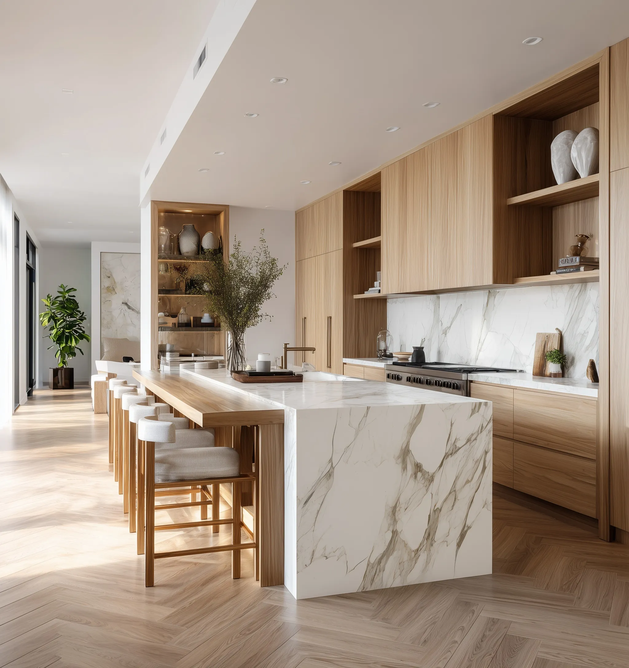 Modern luxury kitchen featuring a white marble island with integrated wood dining table and chevron wood flooring.