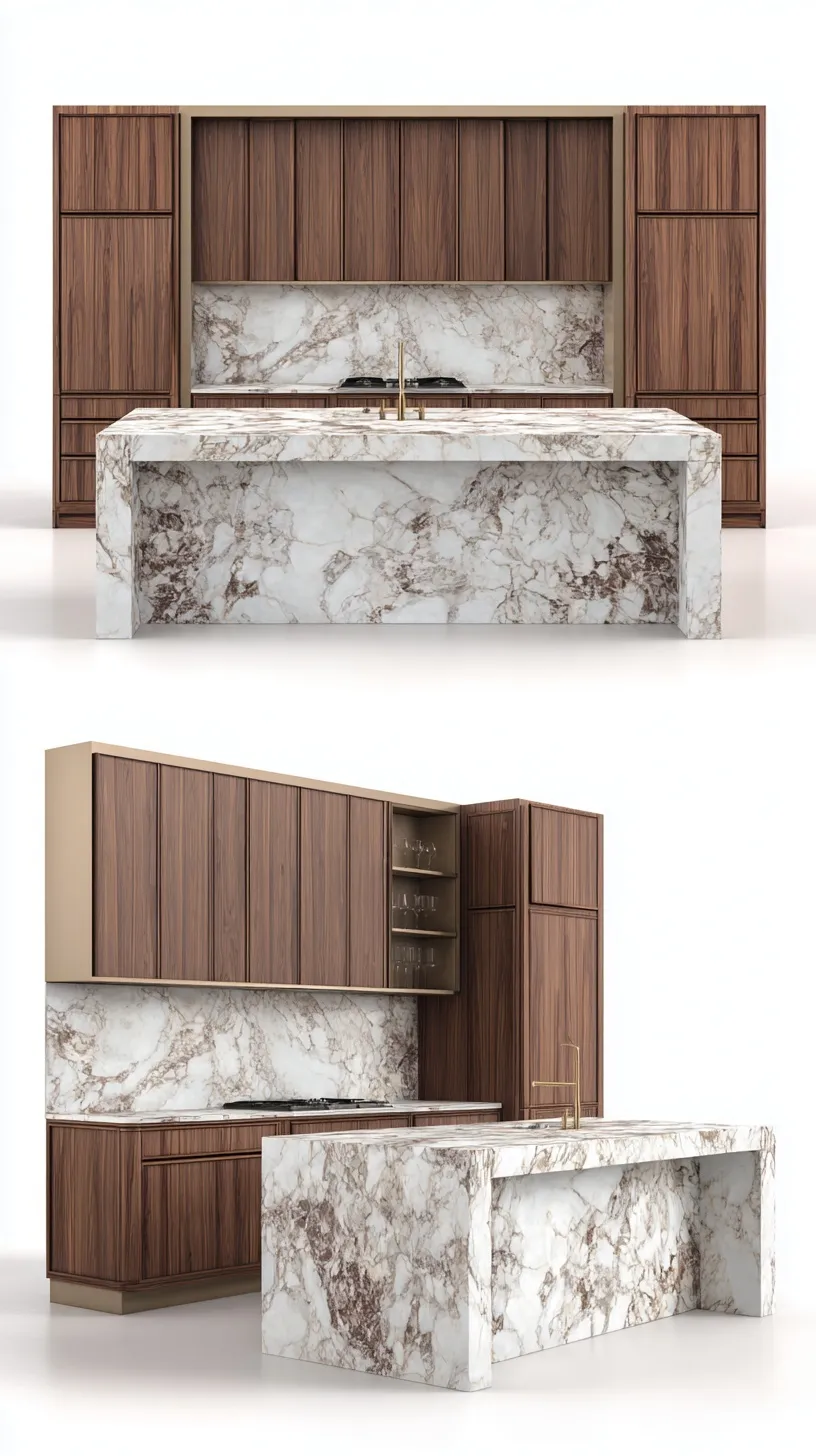 Modern luxury kitchen island and dark wood cabinets with Calacatta white marble countertop on a plain white background.
