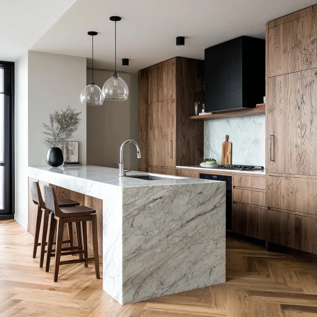 Modern luxury kitchen featuring a marble island, wood cabinets, herringbone floors, and stylish bar stools.