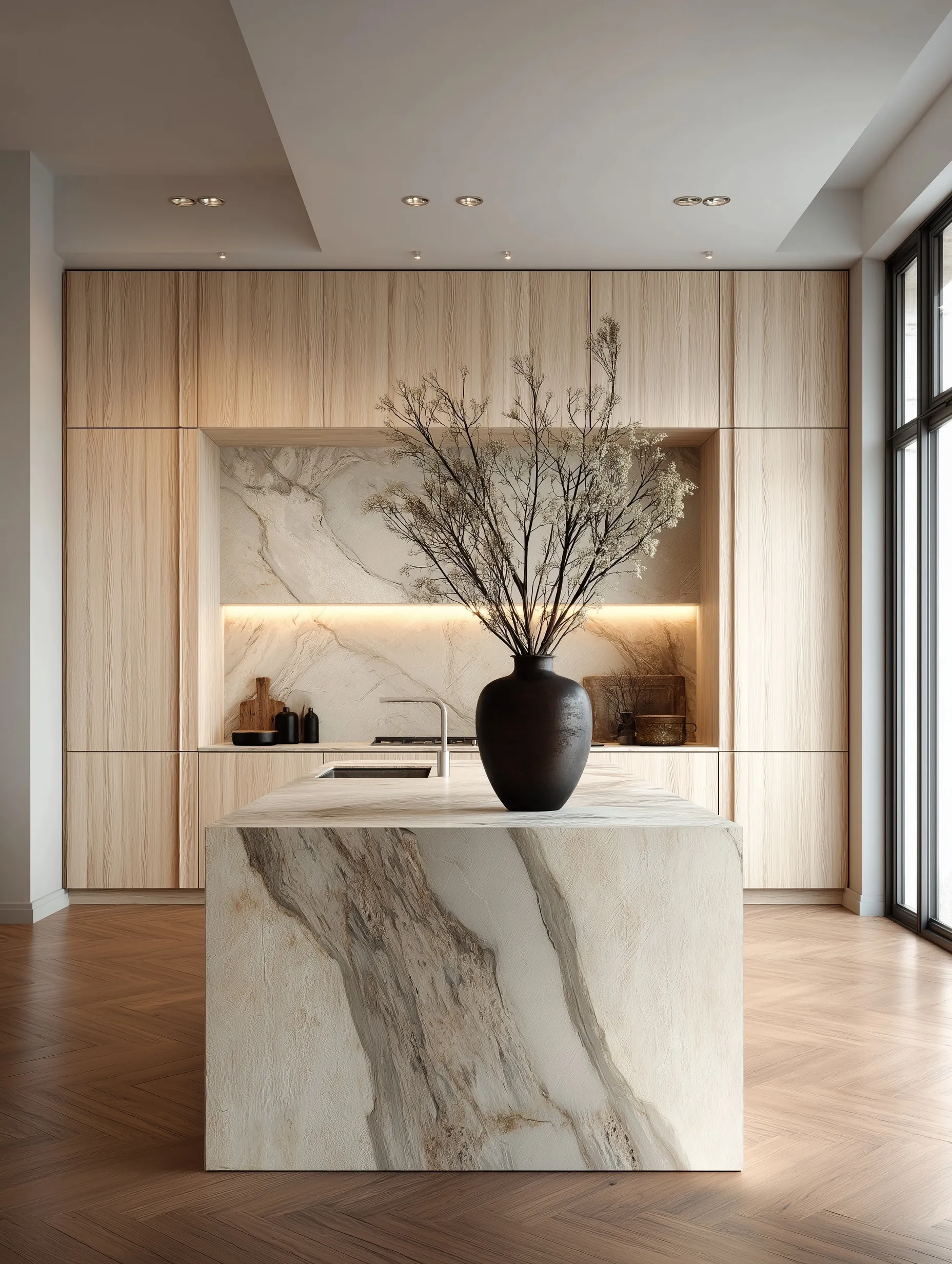 Modern luxury kitchen with a marble and light wood island, herringbone floors, and minimalist cabinets.