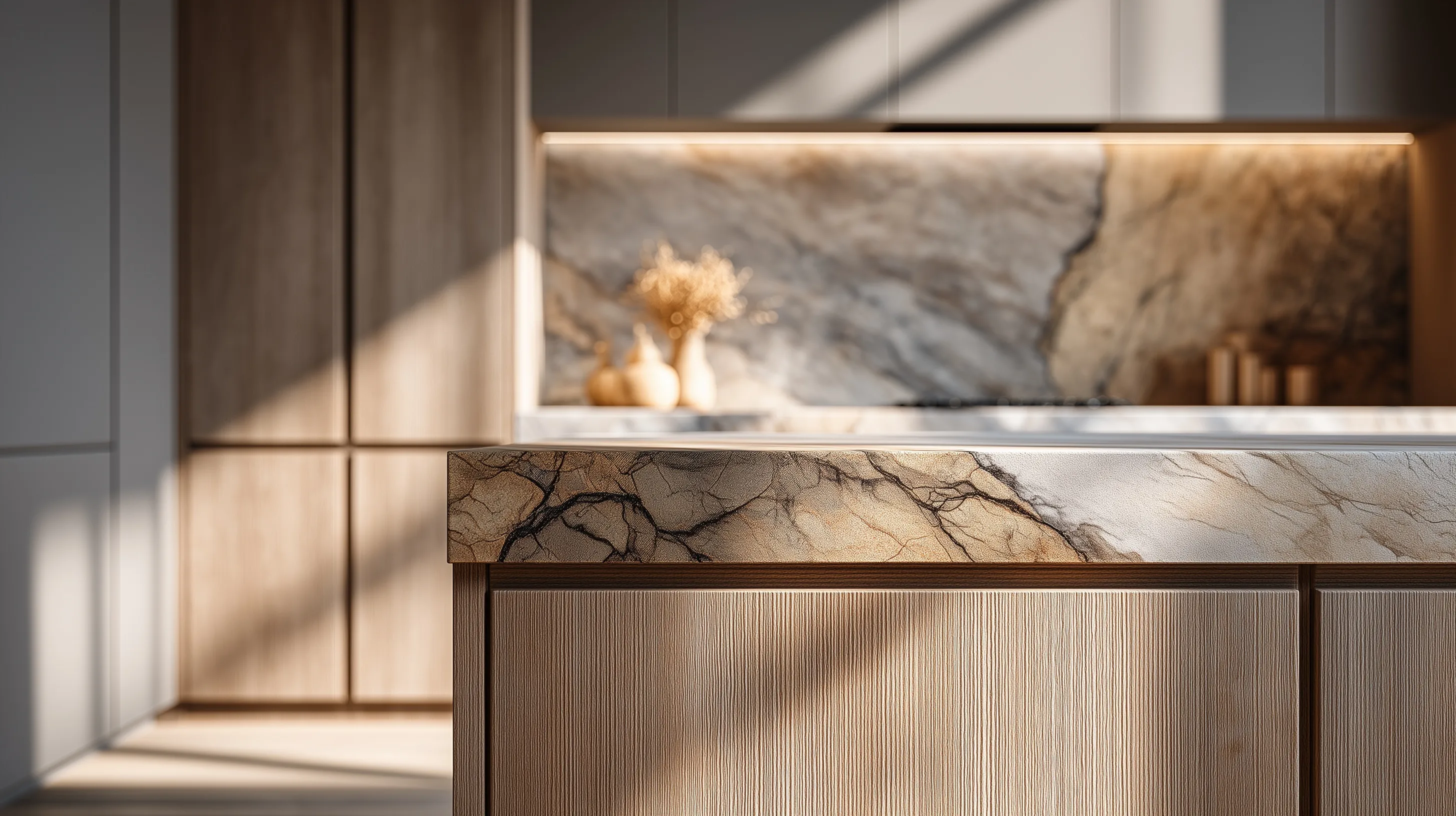 Luxury kitchen featuring rift-cut white oak cabinetry and dramatic marble stone countertop with negative space.