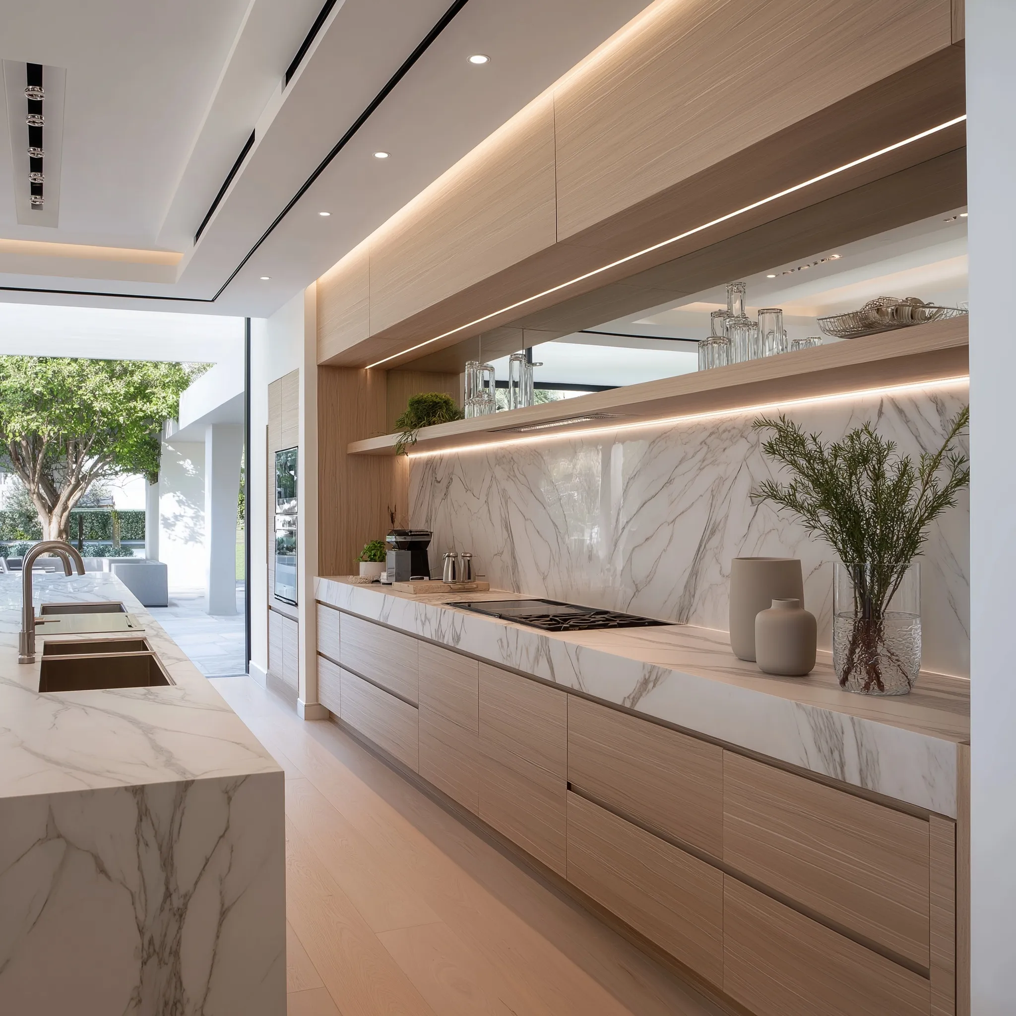 Modern minimalist kitchen featuring white oak tambour cabinetry, cool gray marble countertops, and indirect LED lighting.