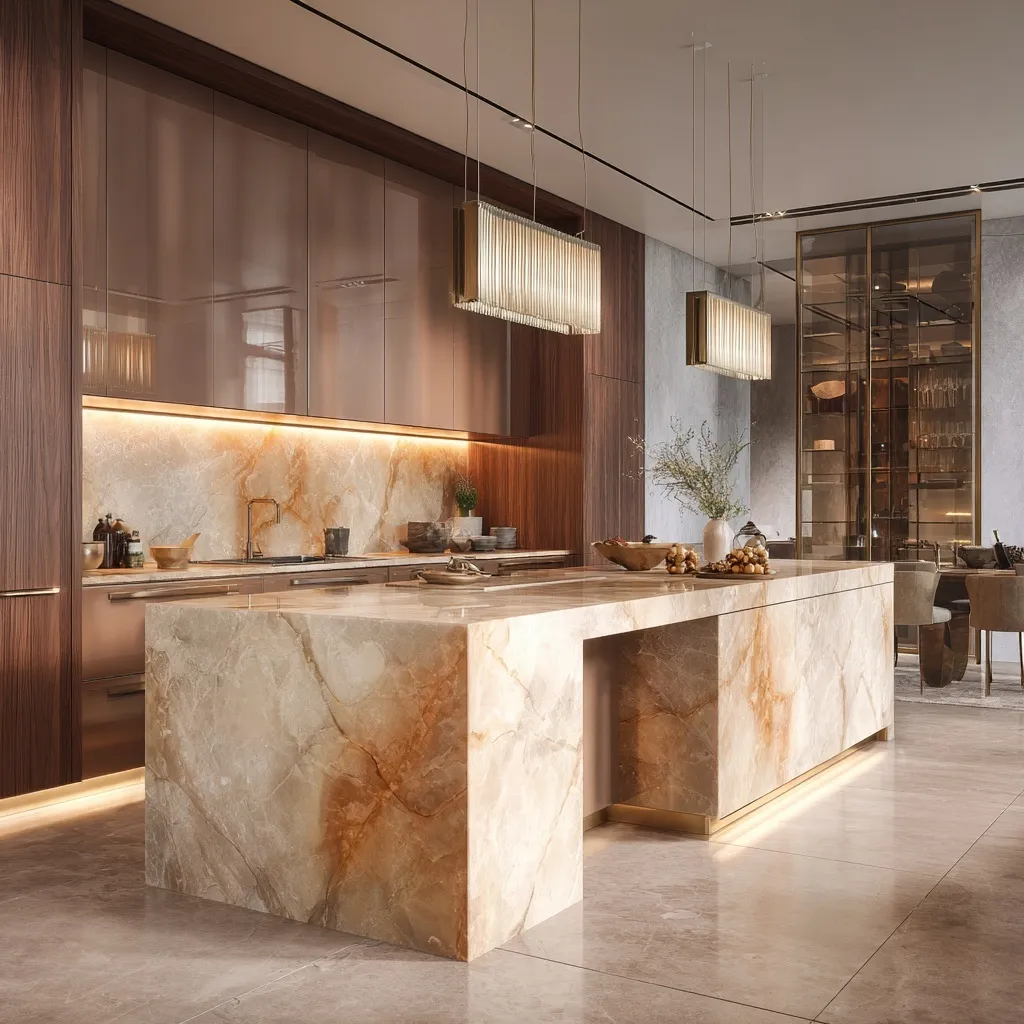 Luxury kitchen with marble island, wood cabinets, and gold accents in a sophisticated mansion interior design.