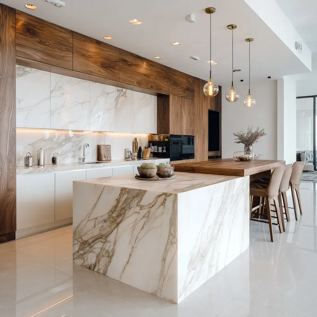 Luxury modern kitchen interior with white cabinets, walnut wood accents, and elegant Calacatta marble countertops.