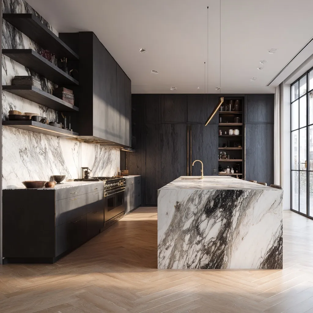 Luxury kitchen with Calacatta marble island, dark graphite oak cabinets, and brushed brass details in a modern home.