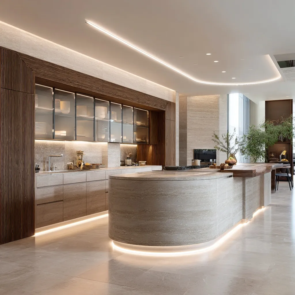 Ultra-luxury Japandi kitchen featuring a curved marble island, warm walnut wood, and minimalist hidden lighting.