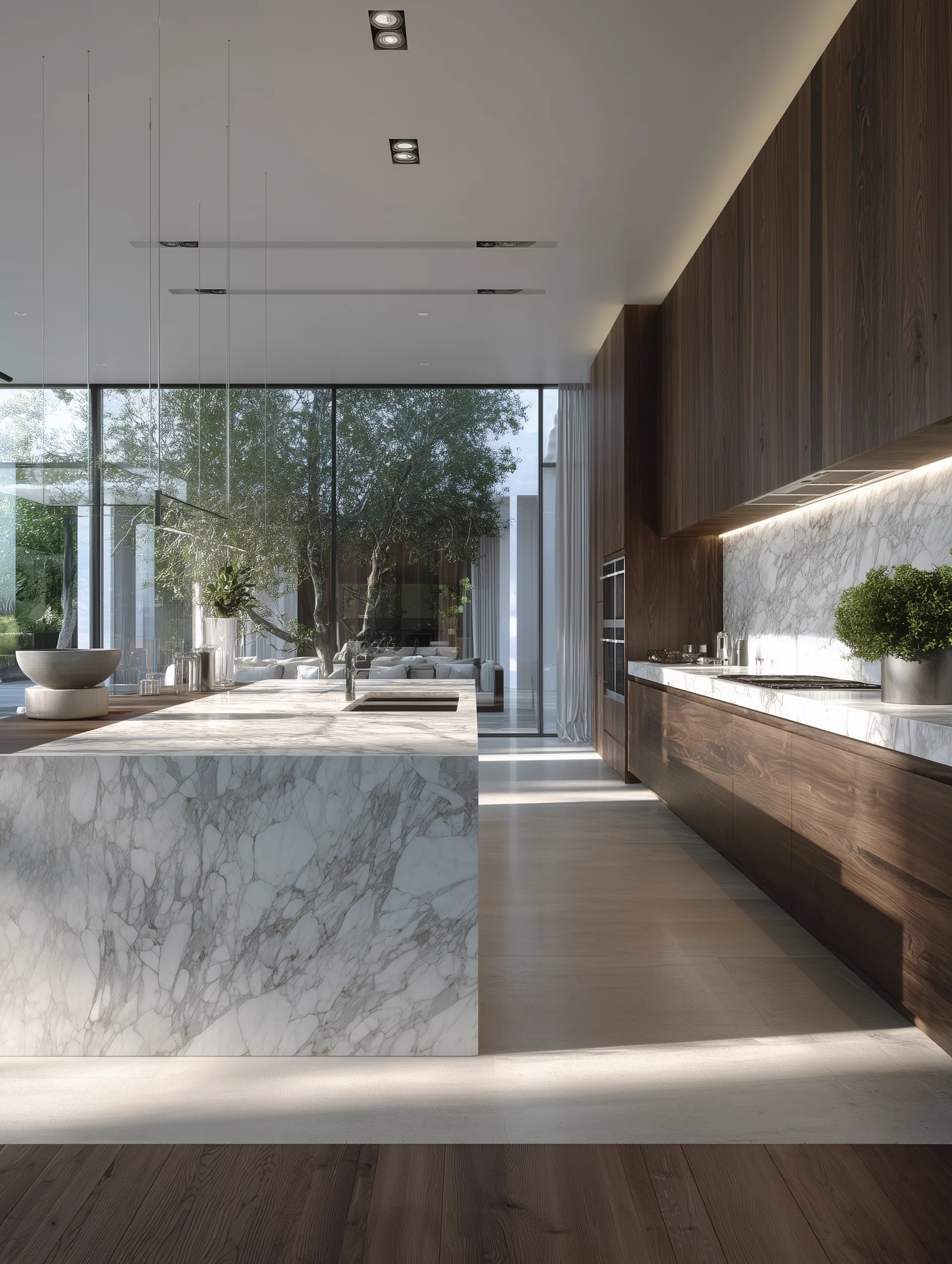 Modern luxury kitchen with a long marble and wood island and full-height cabinetry in a symmetrical, frontal view.