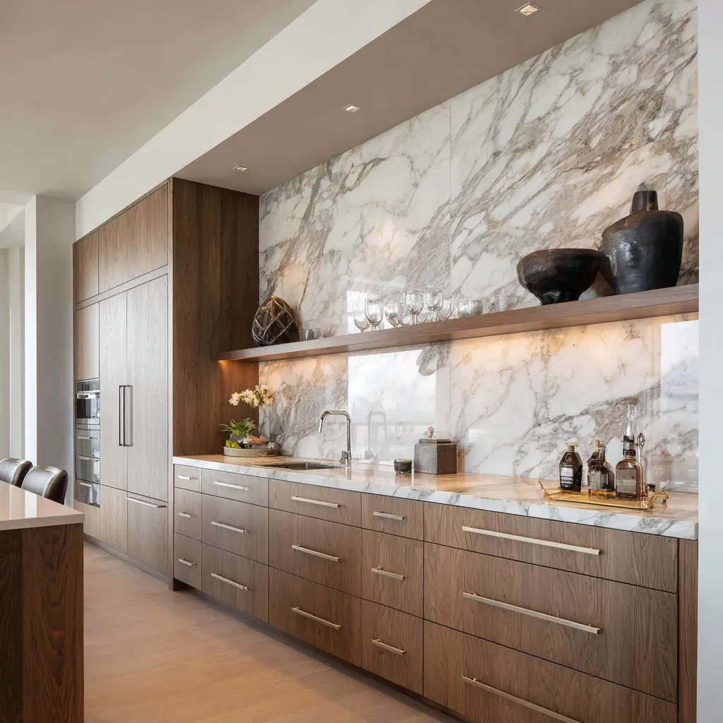 Modern luxury kitchen with mid-toned wood slab cabinets, white leather pulls, and heavy-veined marble backsplash.